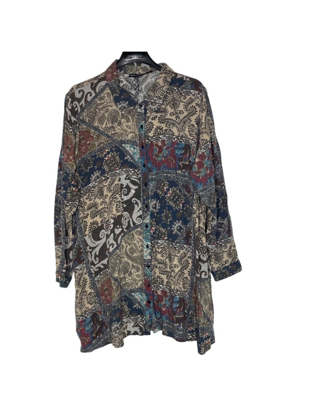 Tolani Collection Patchwork Mixed Print Button Down Tunic Top 1X Artsy Pockets